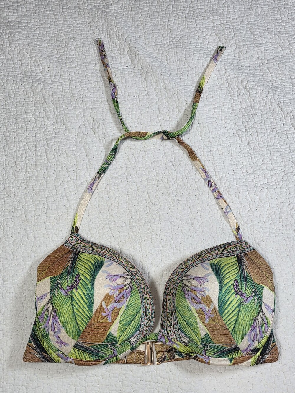 Victoria's Secret Hottie Hot Padded Tropical Leaf Halter Bikini Top 36D